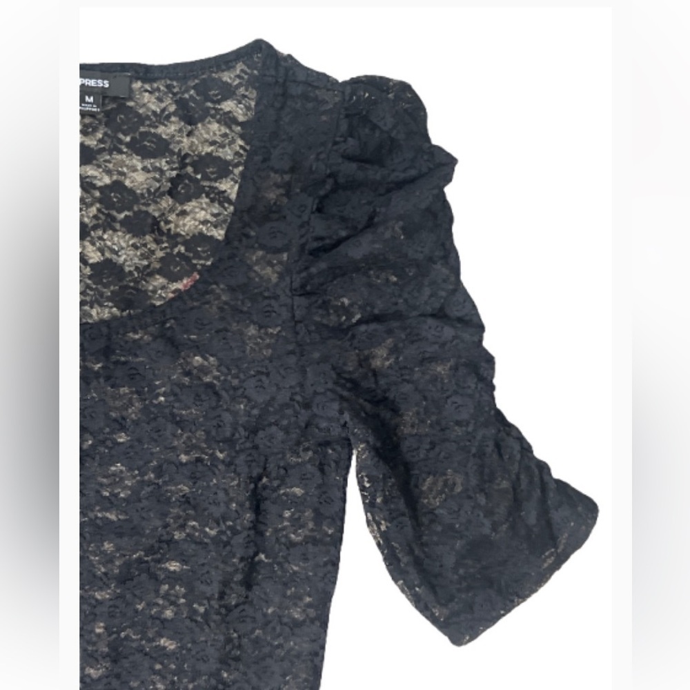 Express Black Lace Cinched Puff Short Sleeves Blouse Top - Picture 5 of 9